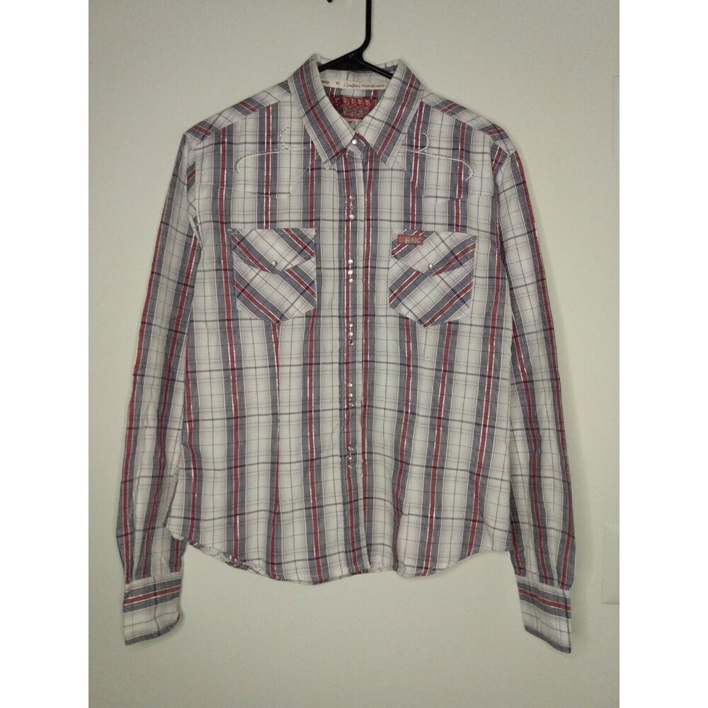 Cowgirl Hardware Rhinestone Snap Shirt Women's Sz M Multicolor Plaid Bling Pearl - Picture 1 of 5